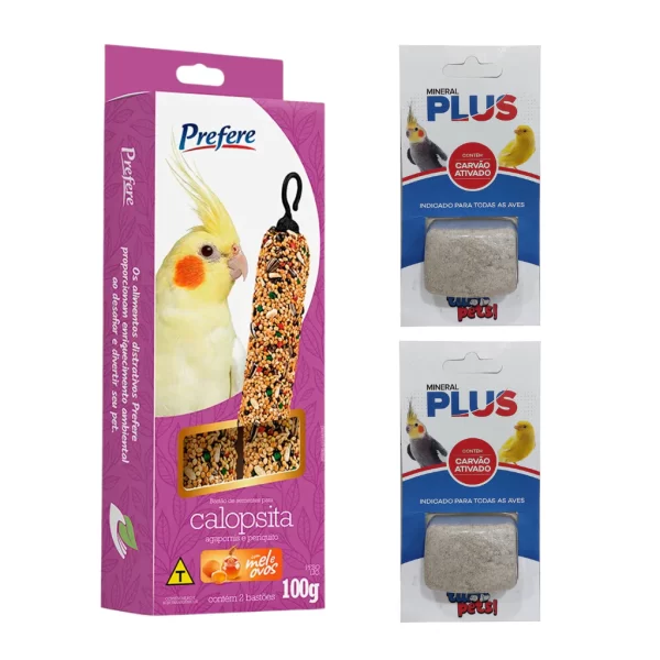 Kit Prefere Bastão de Sementes e Pedra de Cálcio Calopsita, Agapornis e Periquito (100g)